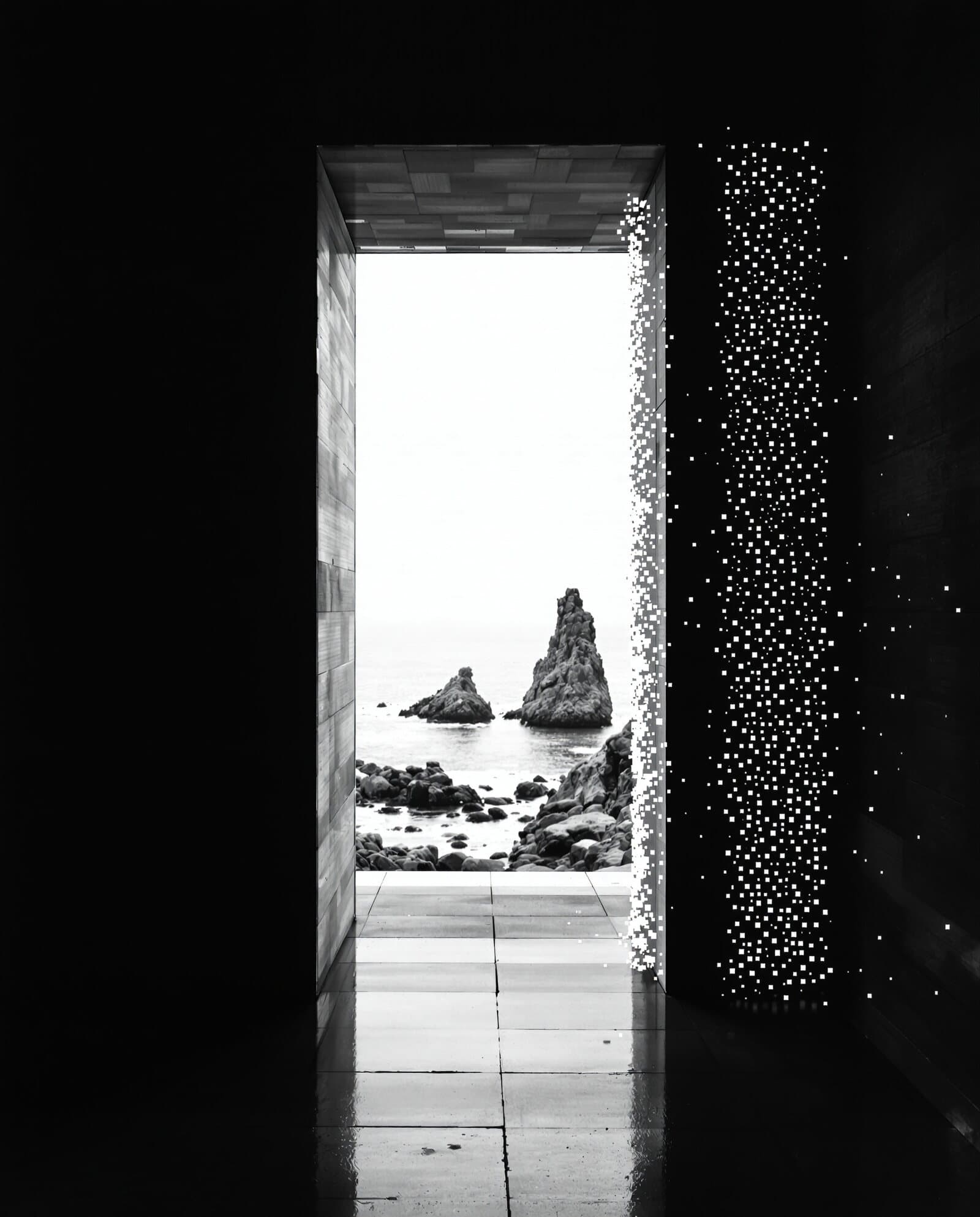 Looking out through a tall concrete doorway at a grey sea, one side of the frame breaking into white dots.