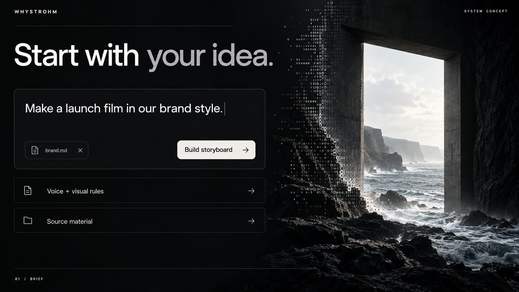 A brief box reading Make a launch film in our brand style, with a brand file attached, beside a concrete doorway on a sea cliff.