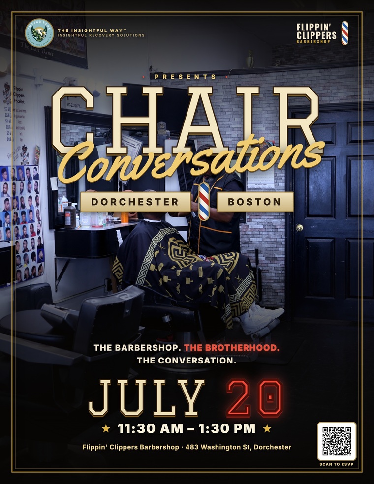 Chair Conversations launch poster, Flippin' Clippers, Dorchester, July 20