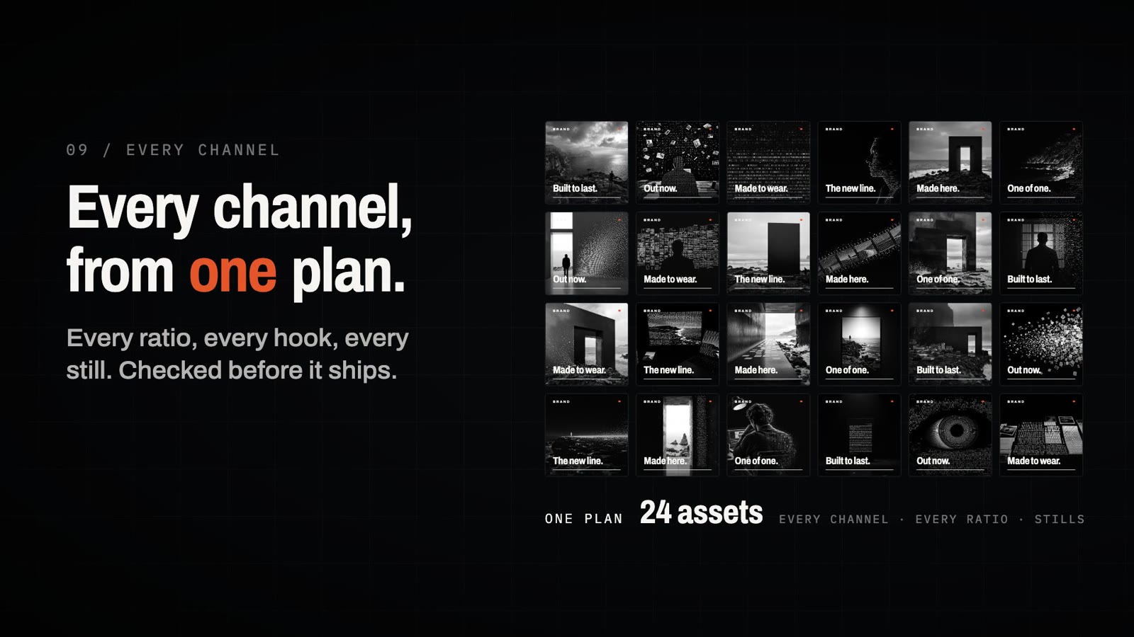 A wall of 24 finished assets from one plan, in every channel and ratio