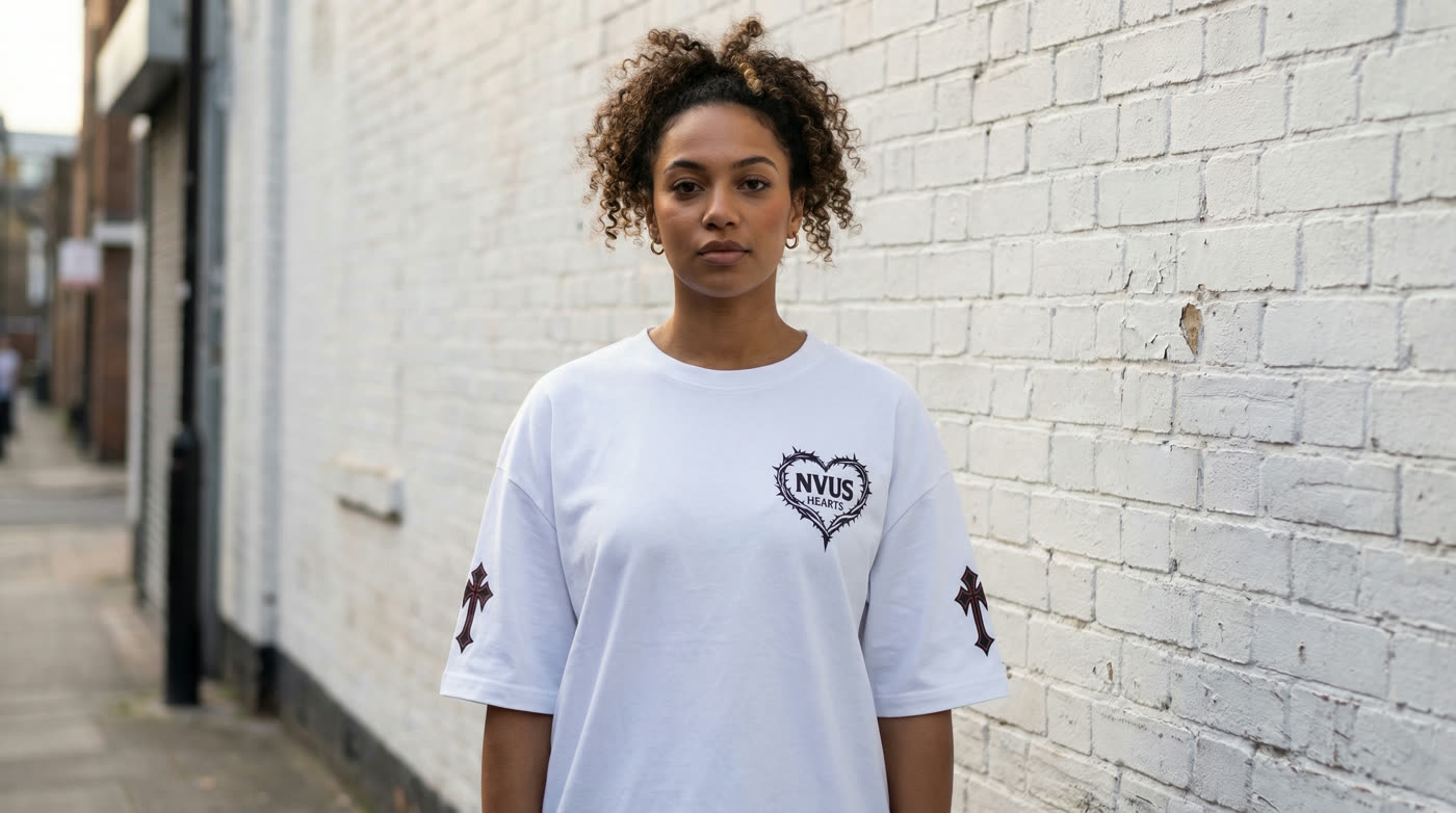 NVUS Hearts white oversized tee — brick wall