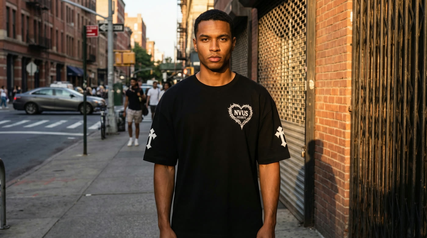 NVUS Hearts black oversized tee — NYC street
