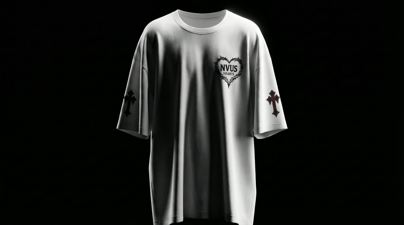 Product shot — NVUS heart chest crest on white oversized tee