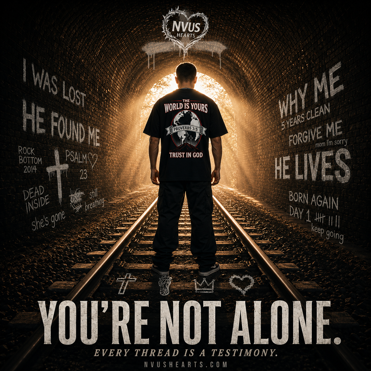 You’re Not Alone — NVUS Hearts paid ad poster, tunnel walk with graffiti testimonies