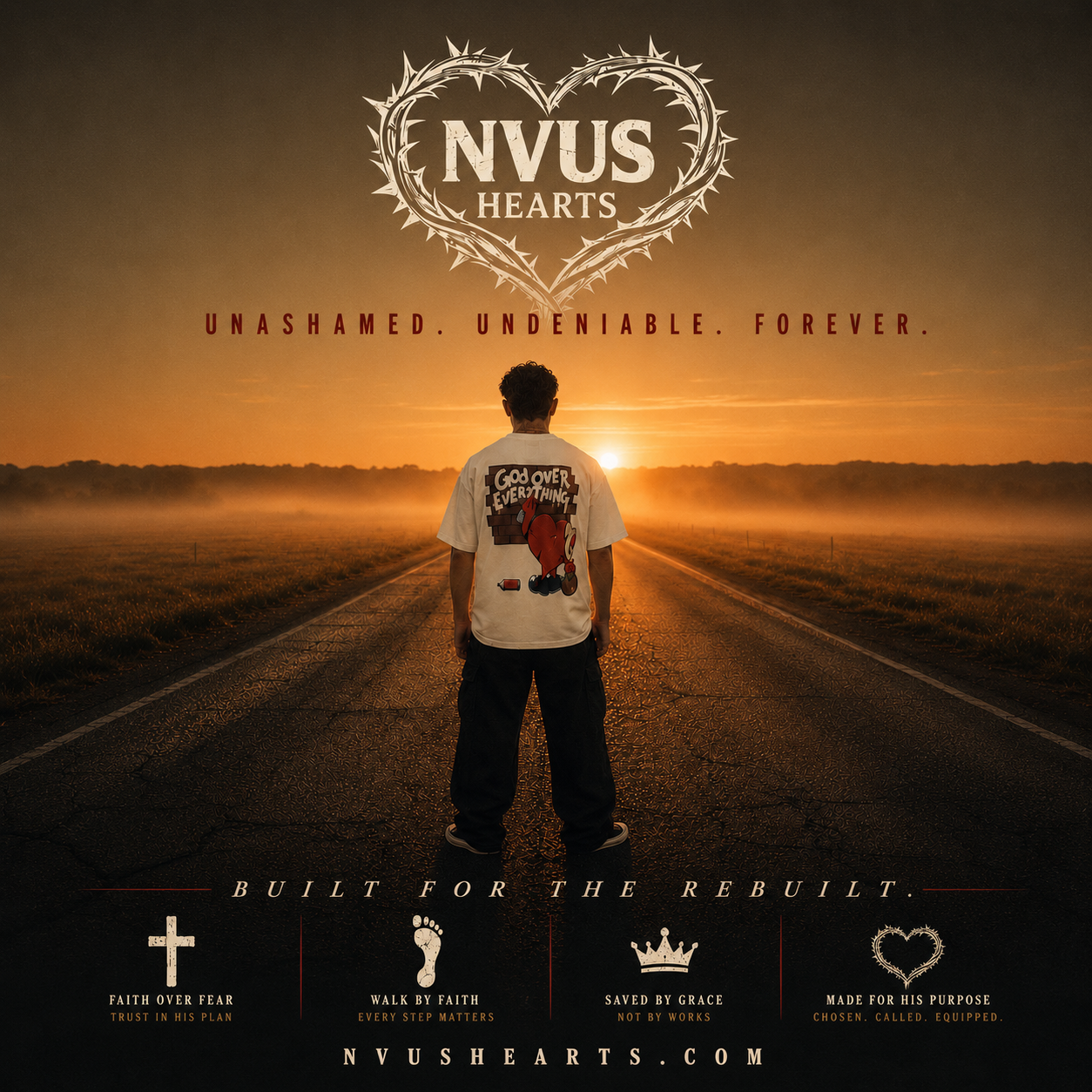 Built for the Rebuilt — NVUS Hearts brand-system poster, foggy sunrise road