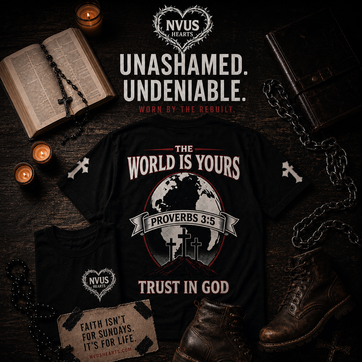 World Is Yours — NVUS Hearts hand-designed flat-lay with bible, candles, leather work boots